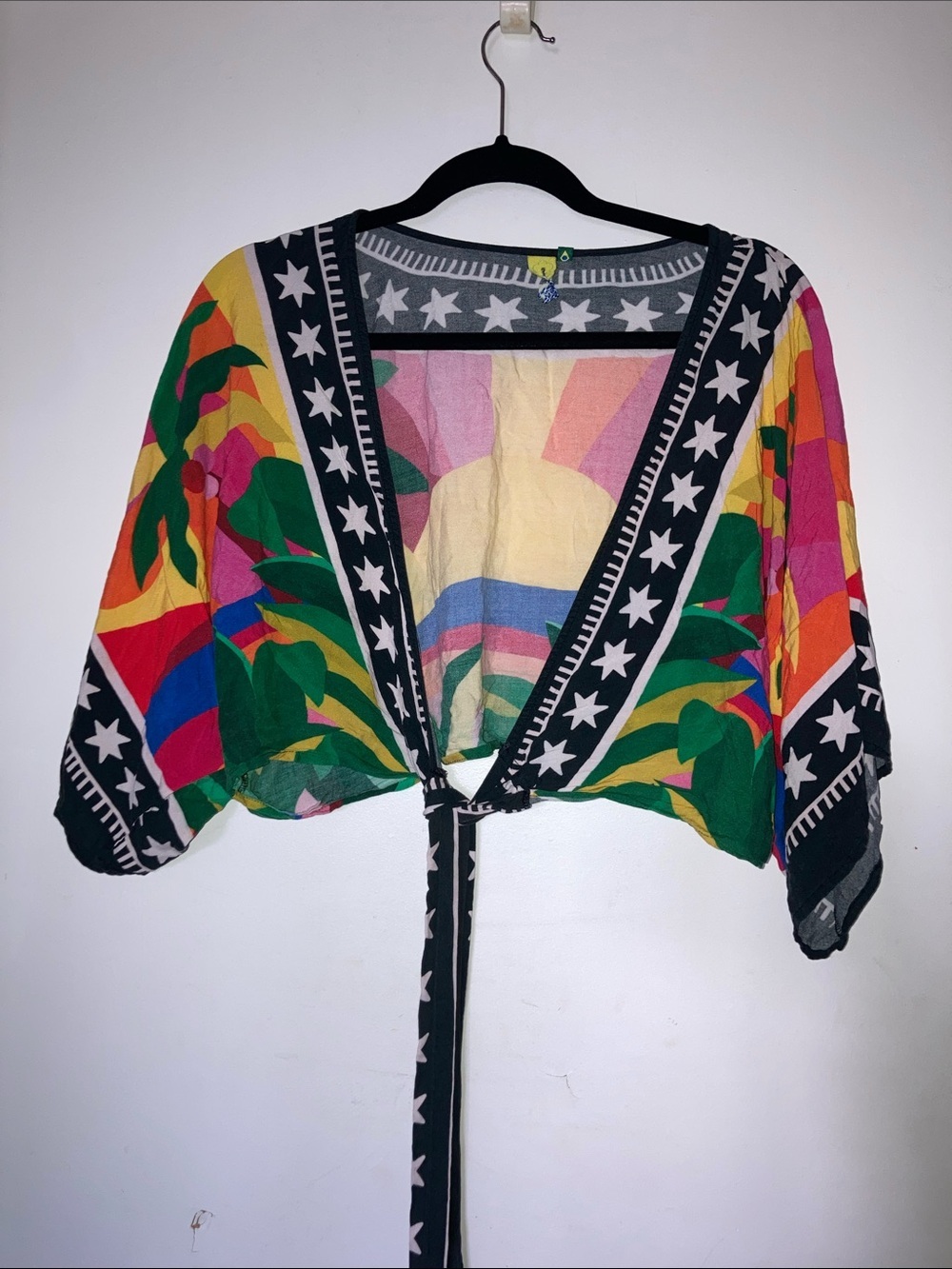 FARM Rio Multicolor Star-Trim Cropped Tie-Front Top